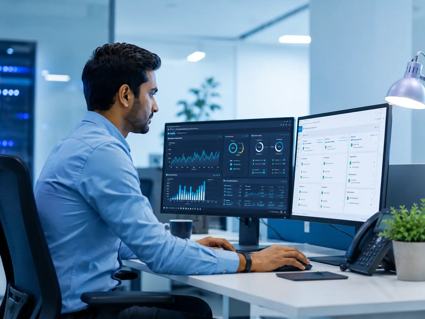A person working at a laptop with analytics charts open on a second screen
