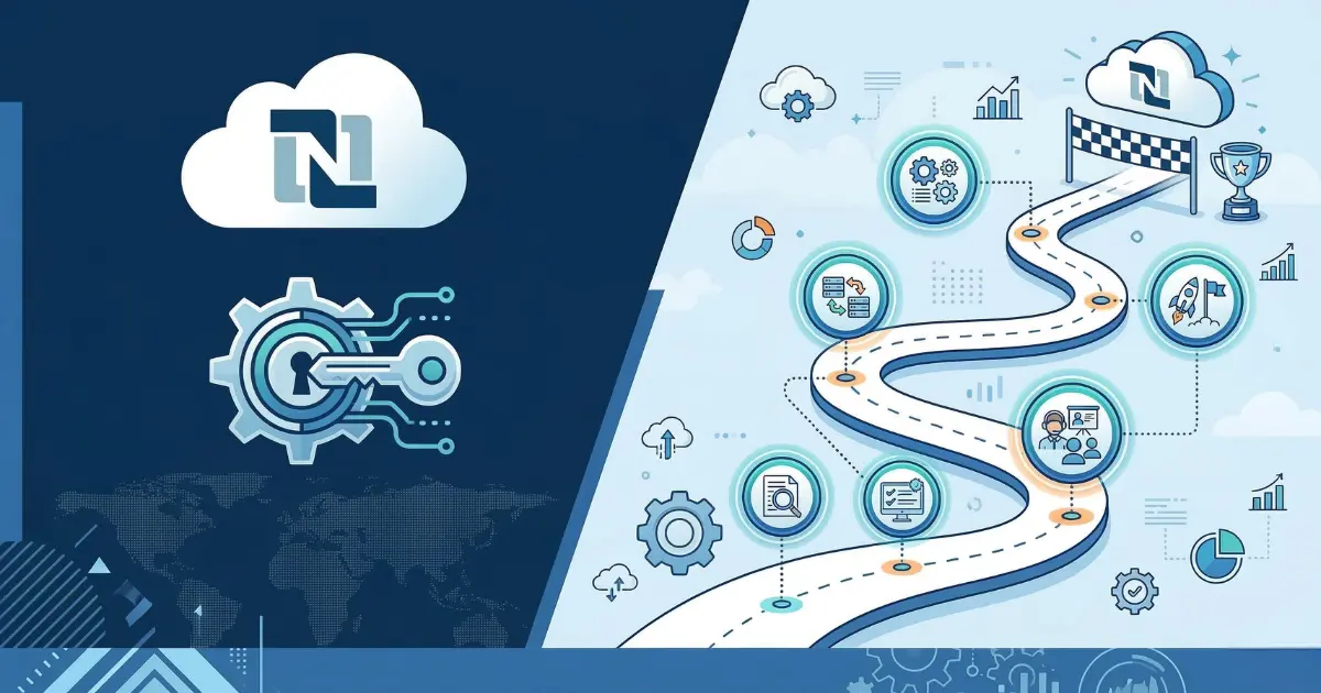 Illustrated roadmap infographic for a complete NetSuite implementation guide, showing the journey from initial setup and data migration to a successful cloud go-live.