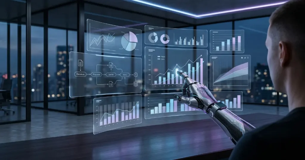 Holographic financial dashboard displaying NetSuite 2026.1 AI features, including the Intelligent Close Manager and machine learning payment predictions, interacting with a robotic arm in a modern workspace.