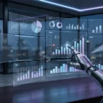 Holographic financial dashboard displaying NetSuite 2026.1 AI features, including the Intelligent Close Manager and machine learning payment predictions, interacting with a robotic arm in a modern workspace.