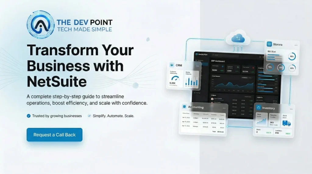 The Dev Point NetSuite implementation guide banner, featuring a digital business dashboard and a Request a Call Back button.