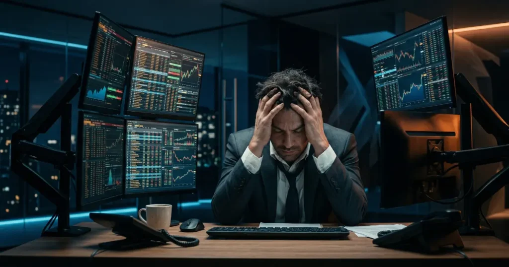 A stressed business professional overwhelmed by complex financial dashboards and fragmented spreadsheets, illustrating the challenges of outgrowing QuickBooks at scale.