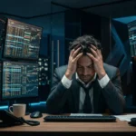 A stressed business professional overwhelmed by complex financial dashboards and fragmented spreadsheets, illustrating the challenges of outgrowing QuickBooks at scale.