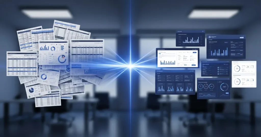A visual transition showing messy QuickBooks spreadsheets transforming into a clean NetSuite operational dashboard with real-time data.