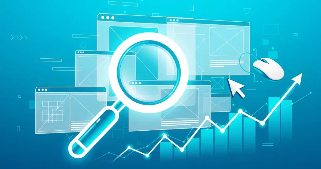 Abstract conceptual illustration demonstrating the connection between UI UX and SEO, featuring website wireframes, a search magnifying glass, and a rising growth chart.