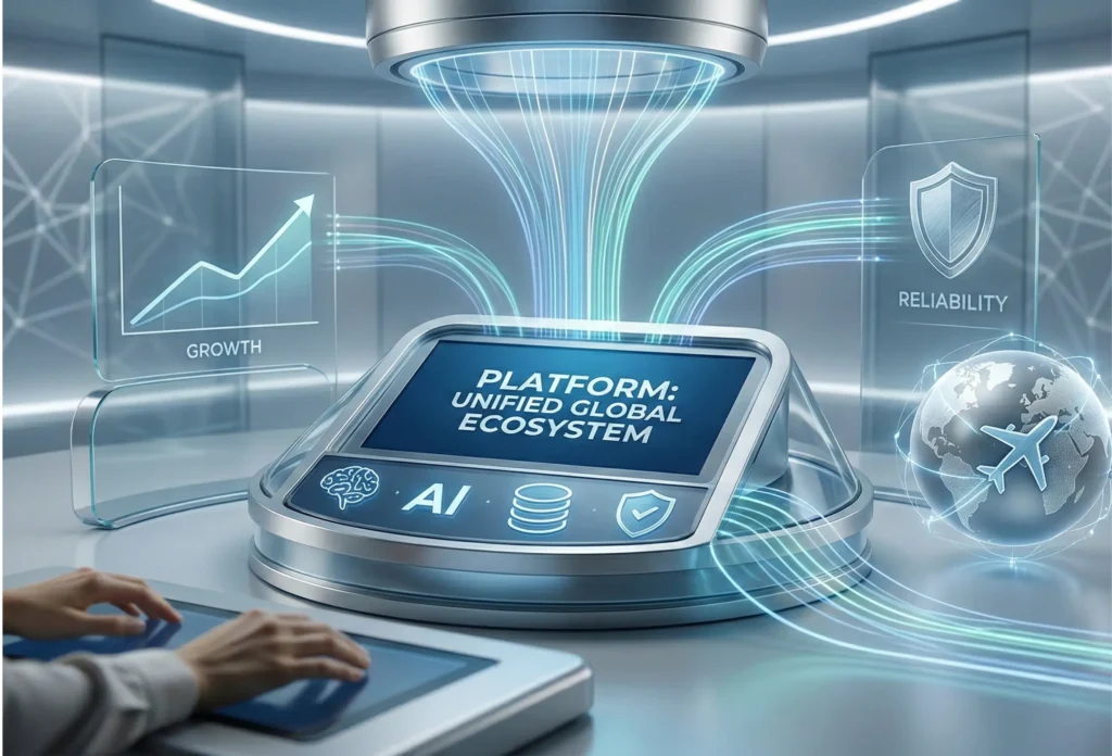A sleek digital dashboard representing a unified global software platform with glowing icons for growth, AI & security.