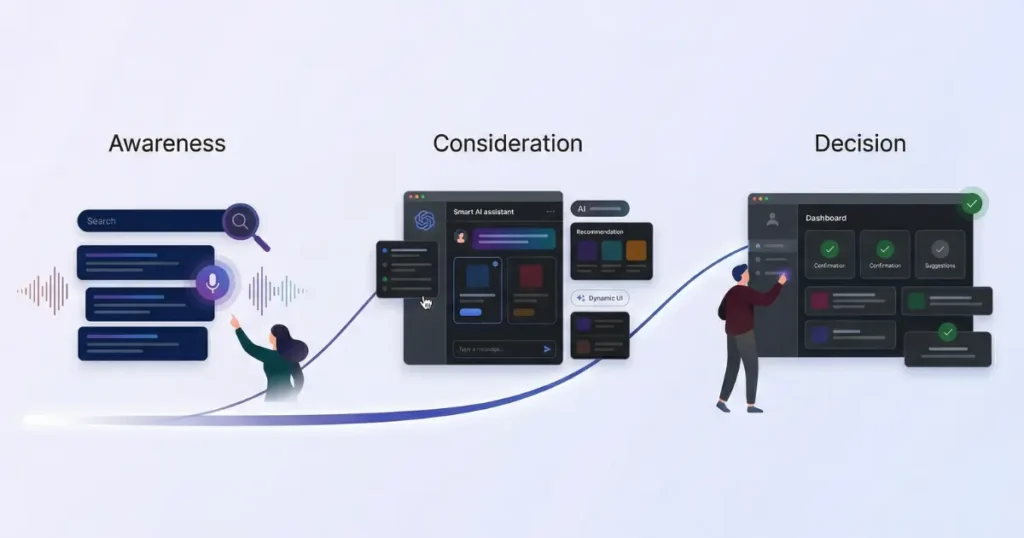 A modern digital illustration of an AI-driven buyer journey showing SEO marketing stages: awareness, consideration, and decision with holographic UI elements.