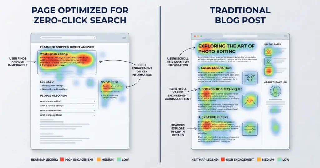 A side-by-side heatmap comparison showing high user engagement on a featured snippet for zero-click search versus the broad, scanning engagement on a traditional blog post.
