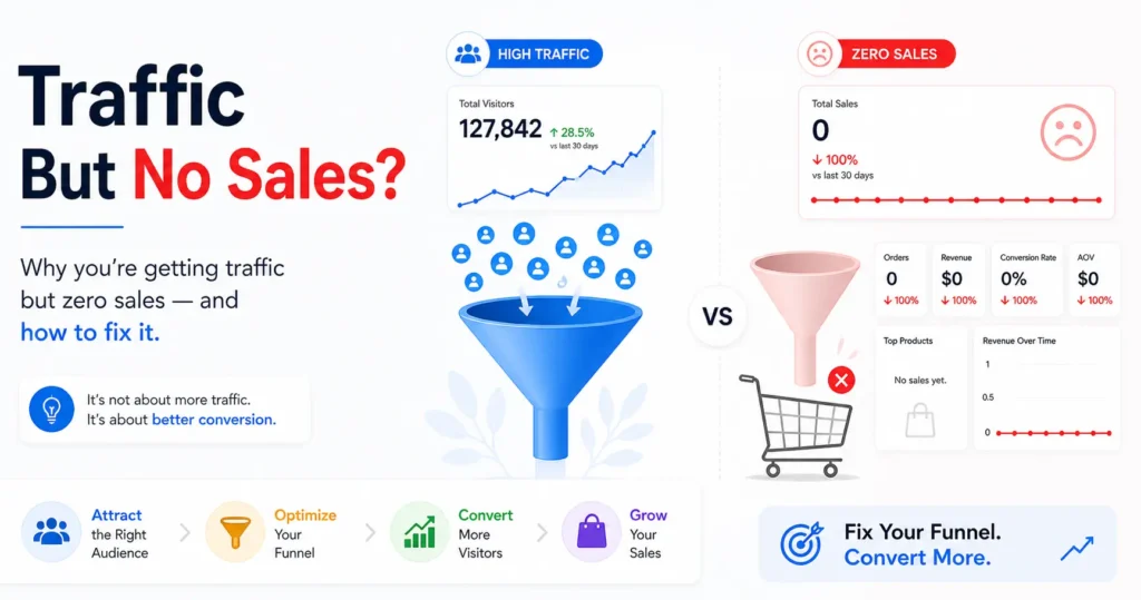 Website getting high traffic but no sales with funnel illustration showing conversion problem
