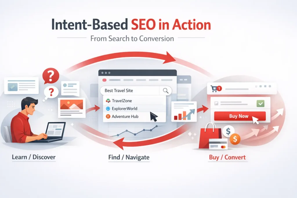 Intent-based SEO funnel showing why traffic but no sales happens and how to fix conversion issues